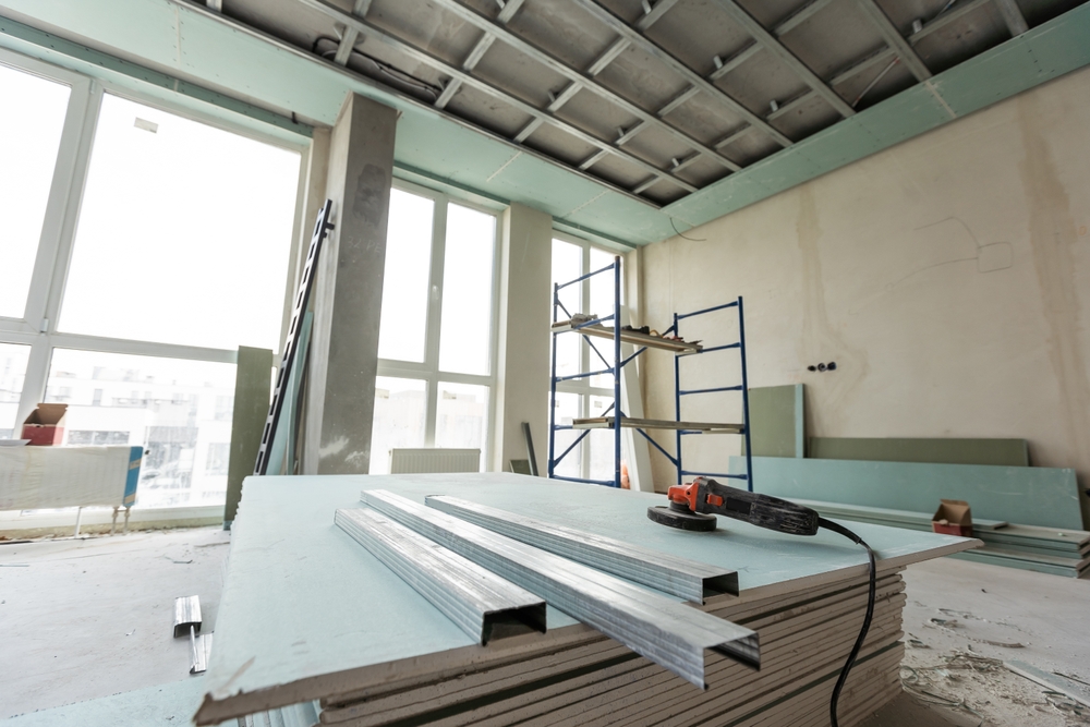 Working,process,of,installing,metal,frames,for,plasterboard, Drywall