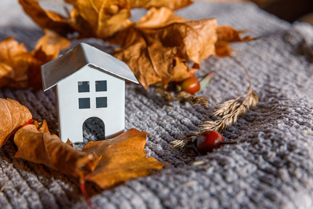 Autumnal,background.,toy,house,and,dried,orange,fall,maple,leaves